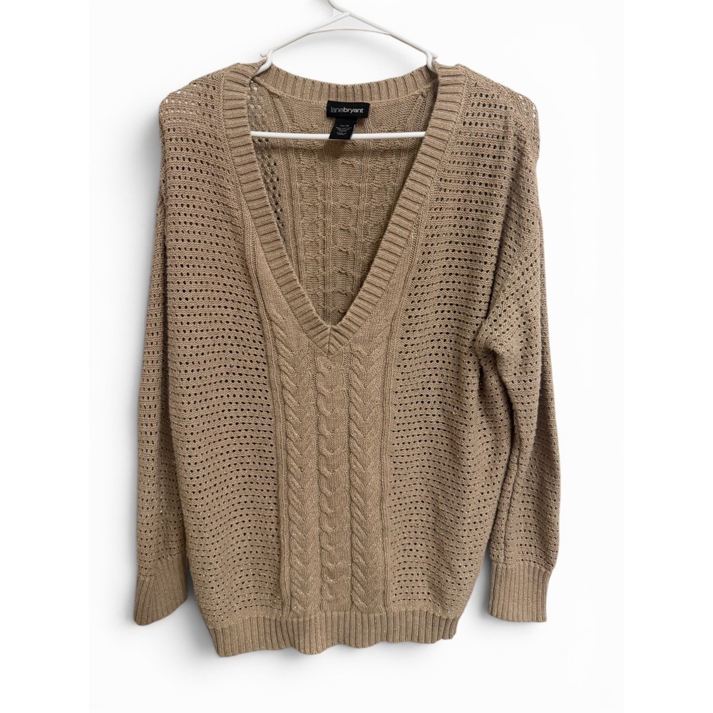 Lane Bryant 14/16 Beige Cable Knit V Neck Sweater Open Knit Cotton Boho Plus